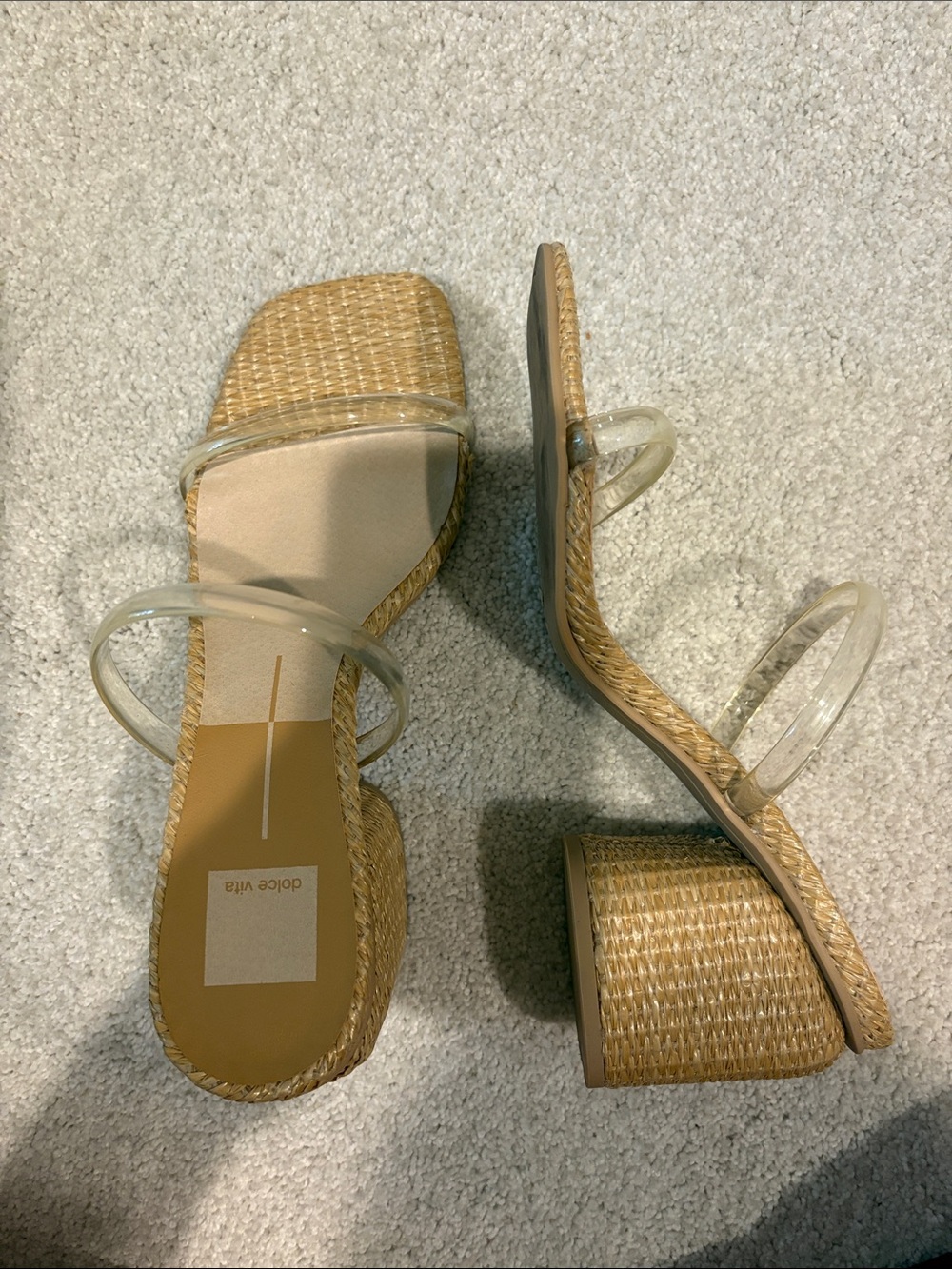 Dolce Vita Clear-Strap Raffia Block Heel Sandals - Natural/Clear